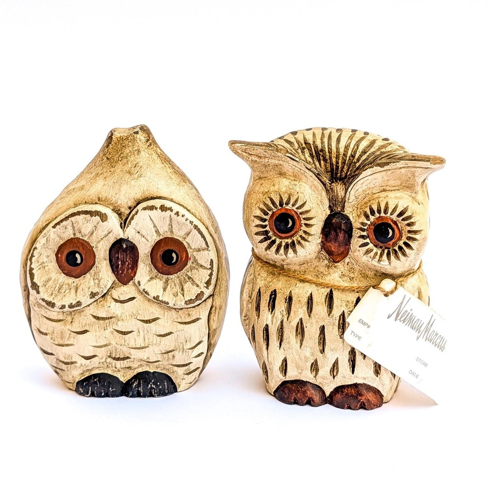 Set of 2 Vintage Neiman Marcus Owls | Carved Mango Wood Figurines